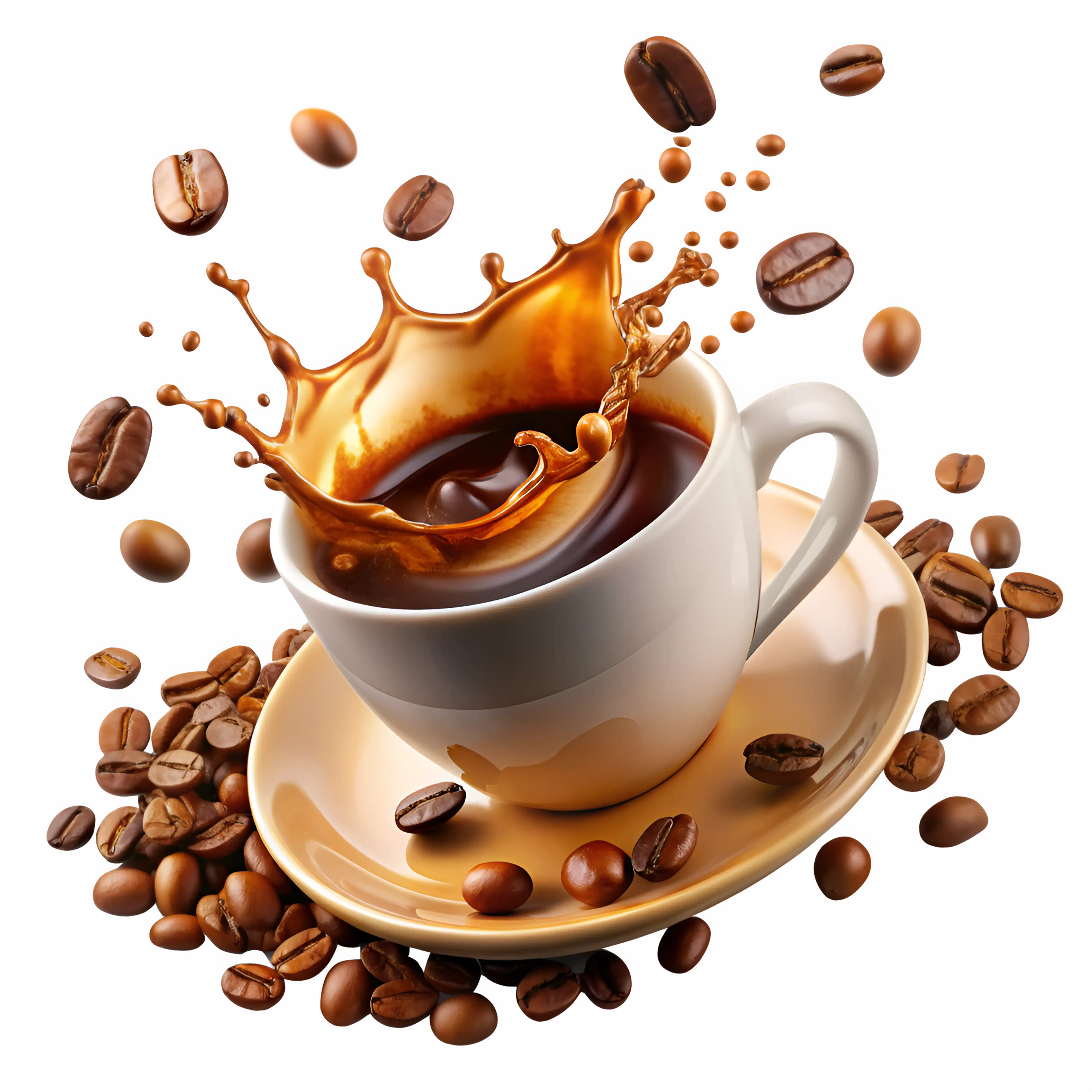 A high-quality 3D render of a coffee cup with a dynamic liquid splash effect